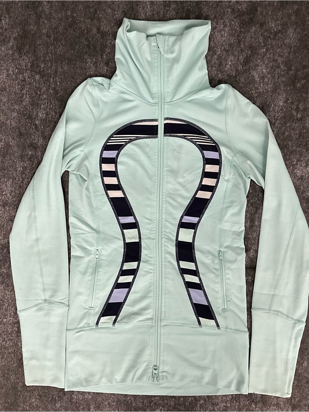 Lululemon In Stride Jacket Aquamarine Discovery Stripe Size 2 Full Zip Funnel